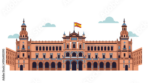 Spanish architectural landmark with a flag flying high on a sunny day features classic columns and archways.