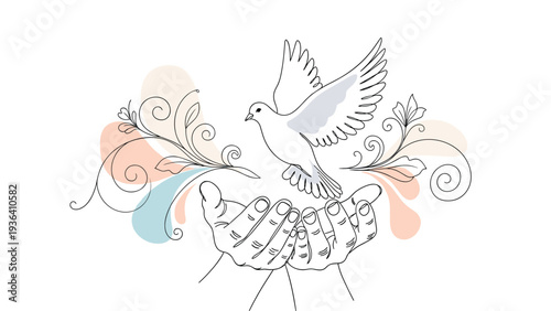 White dove of peace flies above two cupped hands surrounded by elegant floral swirls and soft pastel colors.
