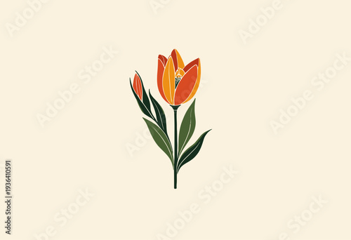Elegant illustration of a blooming orange tulip with lush green leaves on a cream background, highlighting the simplicity and beauty of nature in minimalist design