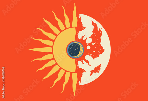 Intricate Sun and Moon Fusion with Dynamic Cosmic Elements on a Bold Red Background