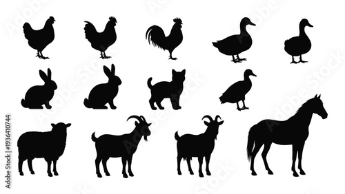 A group of farm animal silhouettes on a white background