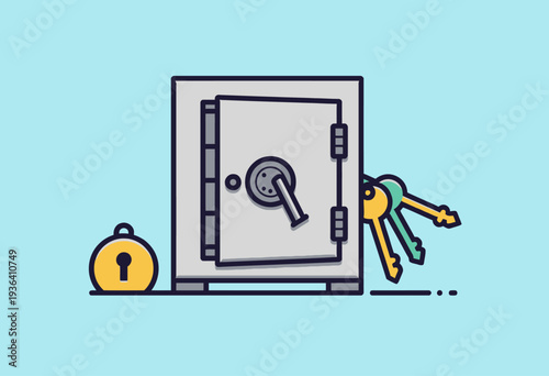 Secure Metal Safe with Lock and Colorful Keys Illustrating Security and Protection on Light Blue Background