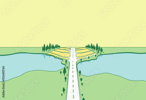 Illustrated Landscape with Road Running Through Lush Fields, Waterways, and Verdant Trees Under a Vast Expansive Sky in a Minimalist Style