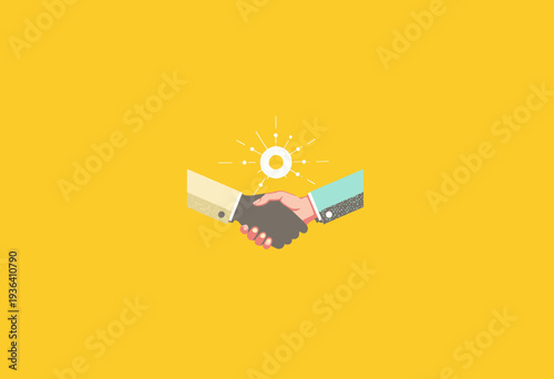 Illustration of a symbolic handshake representing collaboration and partnership with a bright sunburst on a vibrant yellow background