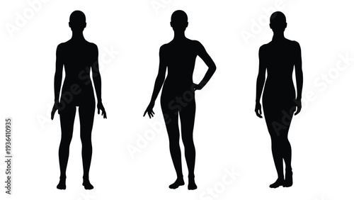 Three black silhouettes of women in different poses
