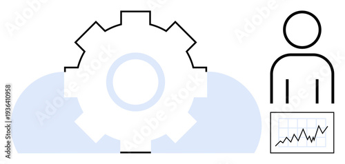 Technology, data analysis, process management, cloud services, innovation, workflow. A gear inside a cloud and person holding a chart. Technology and data analysis concept