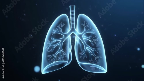 Detailed digital rendering of human lungs and bronchial tree in glowing blue.