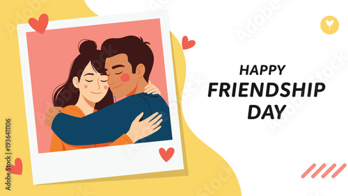 Happy Friendship Day greeting card shows a loving couple hugging in a photo frame surrounded by red heart icons.