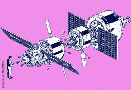 Detailed Artistic Illustration of Spacecraft Docking with Astronaut Engaging in Extravehicular Activity Against Vibrant Background