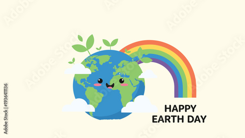 Happy Earth Day illustration features a smiling globe with green plants and a rainbow on a soft cream background.