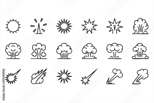 Comic Style Blast and Meteor Strike Outline Icons for Action Graphics
