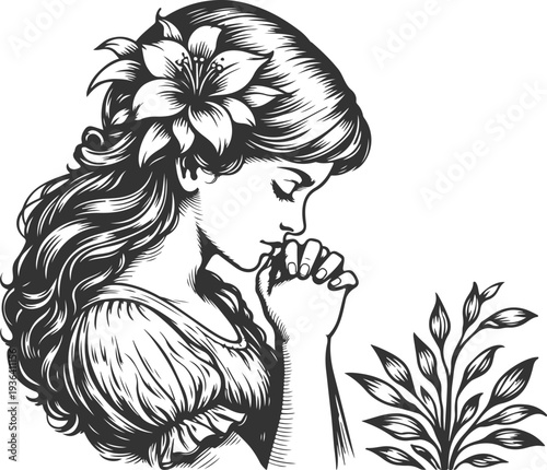 Praying Woman Vintage Engraving Vector Illustration Spiritual Prayer