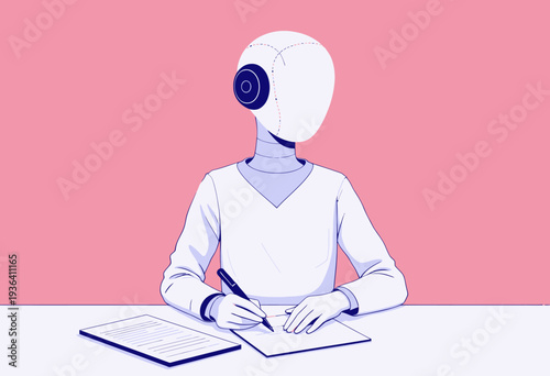 Artificial Intelligence Robot Focusing on Writing and Processing Data with Precision and Efficiency in Minimalistic Artistic Concept Illustration