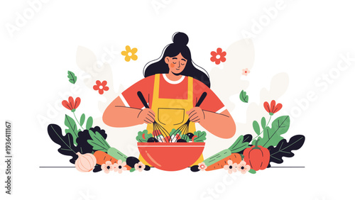 Woman in an apron is busy preparing a healthy salad in a large bowl surrounded by fresh garden vegetables.