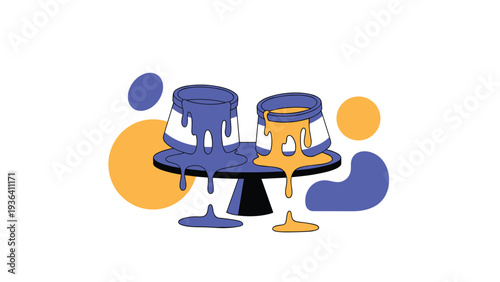 Two open cans are dripping with vibrant blue and yellow paint on a black stand against a modern abstract backdrop.