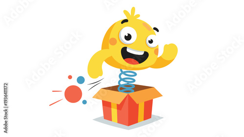 Classic jack-in-the-box toy with a smiling yellow chick popping out of a red gift box for children and fun.