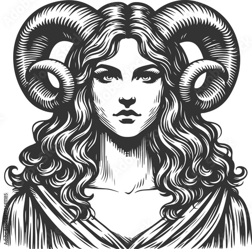 Aries Zodiac Woman with Ram Horns Vintage Engraving Vector Illustration