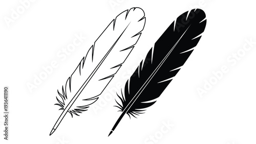 A black and white drawing of two feathers