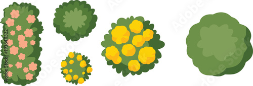 Top view green bushes and flowering shrubs set garden plants vector illustration collection isolated on white background landscape design elements