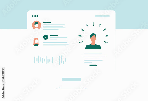 Illustration of a White Desktop Computer Monitor Displaying Profile Icons and Analytical Graphs on a Light Blue and White Background