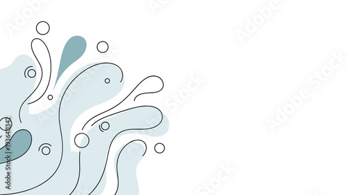 Abstract composition of blue and white fluid shapes and circles creates a sense of movement and refreshment on plain background.