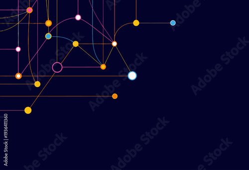 Dynamic Network of Interconnected Geometric Circles and Lines on a Deep Blue Background Representing Data Flow and Digital Connectivity