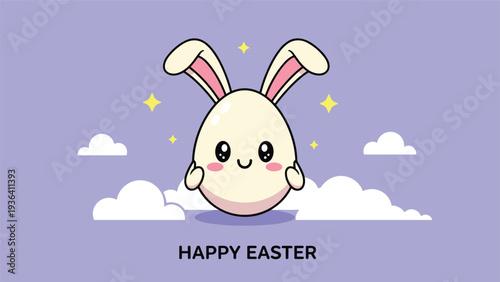 Adorable white egg with bunny ears and blushing cheeks celebrates happy easter while floating among clouds in starry sky.