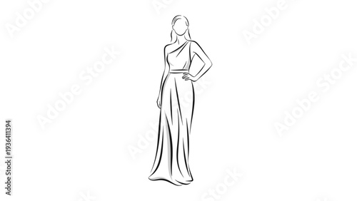 Elegant fashion sketch depicts a woman wearing long one-shoulder evening gown standing in a graceful pose on white background.