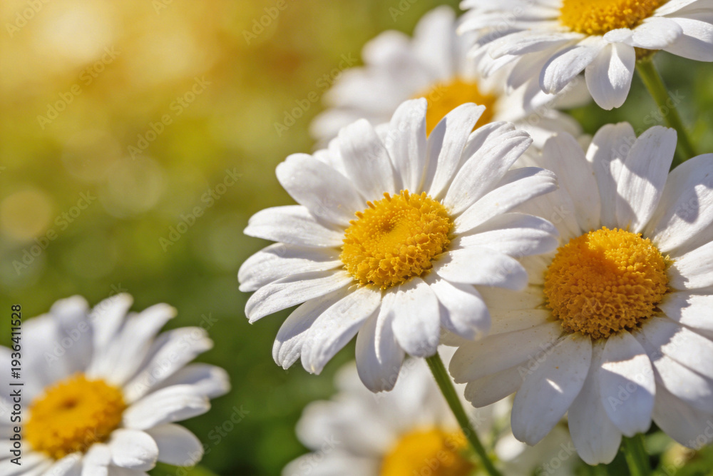 Naklejka premium Close up white daisies in spring sunlight