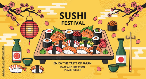 Sushi Festival Banner with Japanese Food and Cherry Blossoms