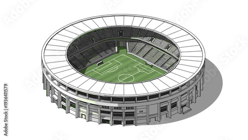 Detailed isometric illustration of a large modern sports stadium with green soccer field and tiered seating rows for spectators.