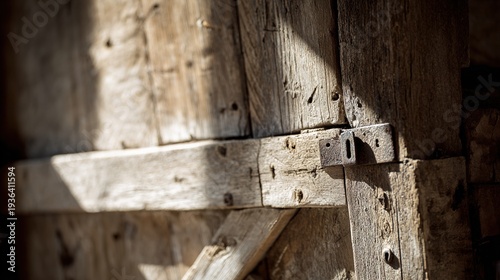 breakin. Close-up of a weathered wooden door with a forced lock and tool marks. real-estate listings, architecture portfolios, designed for architectural facade and classical detail presentations.