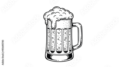 Classic beer mug filled with dark lager and topped with a thick layer of creamy white foam in a vintage hand drawn style.