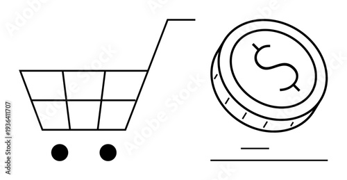 E-commerce, retail transactions, financial budgeting, online shopping, business growth, consumer spending. Minimalist cart and dollar coin illustration. E-commerce and retail transactions concept