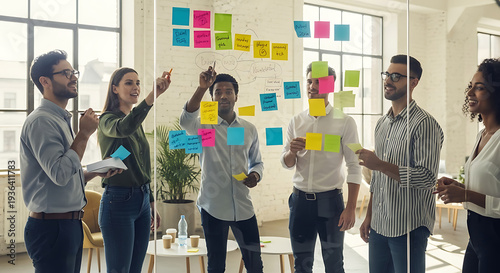 Diverse team of creative business professionals actively brainstorming new ideas on a glass board in a vibrant, modern office environment, fostering collaboration and innovation