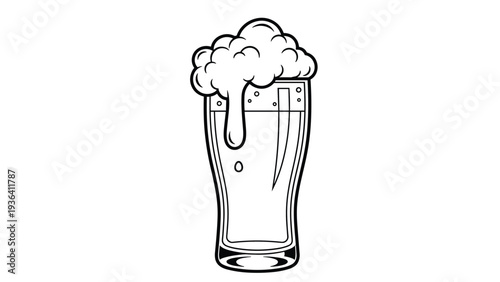 Elegant tall pilsner glass filled with bubbling beer and overflowing foam is depicted in a clean black and white line art style.