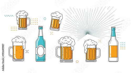 Vector set of diverse beer glassware including mugs pilsner glasses and bottles with simple line art and decorative elements.