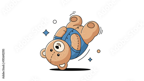 Playful brown teddy bear wearing a blue shirt is captured mid-air performing a fun acrobatic somersault on a white background.