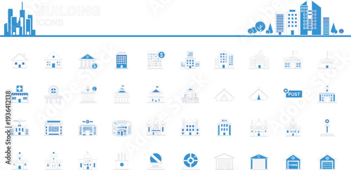 Set of Building Icons Featuring Schools, Hospitals, Offices, Banks, and Other Architectural Designs for Construction and Real Estate Projects