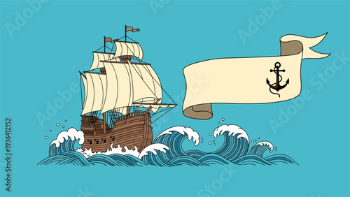 Majestic wooden sailing ship navigates through high ocean waves next to a blank parchment scroll banner with an anchor icon.