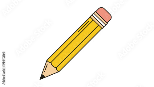 Simple vector icon of a yellow pencil with a pink eraser is depicted at a diagonal angle against a clean white background.