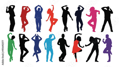 A group of colorful silhouettes of people dancing