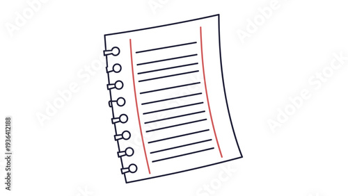 Sketch of a spiral bound notebook page shows a lined sheet of paper slightly curved to suggest a three dimensional effect.
