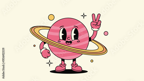 Fun cartoon character of the planet saturn with a smiling face and peace sign hands on a light cream background with stars.