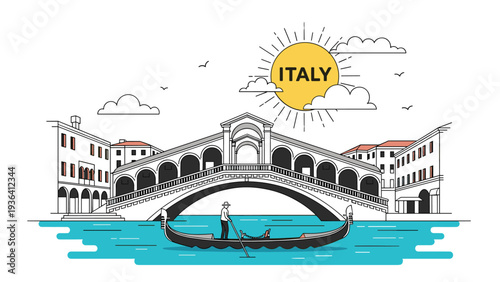 Detailed line art illustration of the rialto bridge in venice italy with a gondolier rowing a boat on the canal under the sun.