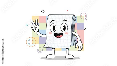Cheerful cartoon character shaped like a piece of graph paper with a face and peace sign on a colorful checkered background.