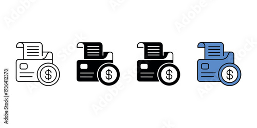 Four of credit card and receipt with dollar sign payment finance in white background