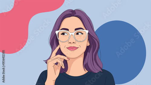Portrait of a stylish young woman with purple hair and white rimmed glasses looking upwards thoughtfully against a blue background.