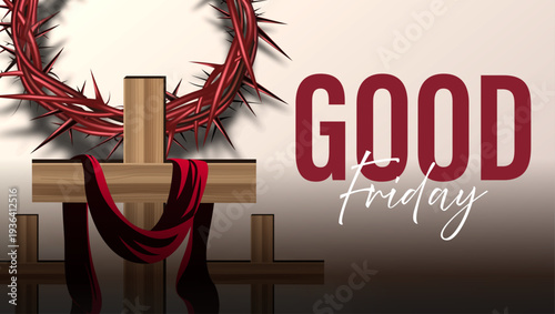 Good Friday Church Banner with Wooden Cross, Crown of Thorns and Red Drape Symbol of Crucifixion