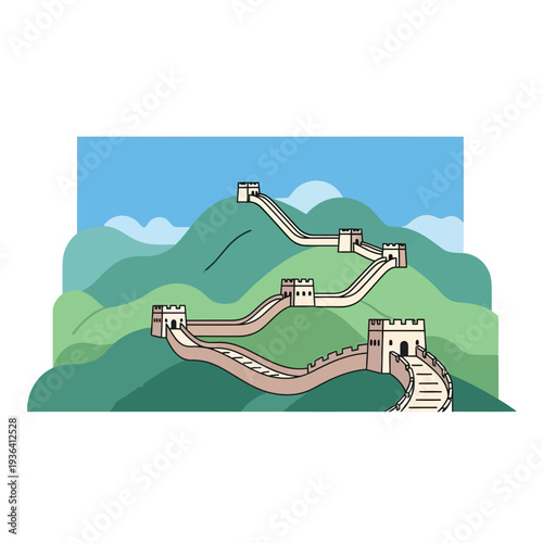 Great Wall of China illustration, ancient fortification winding over green hills under blue sky